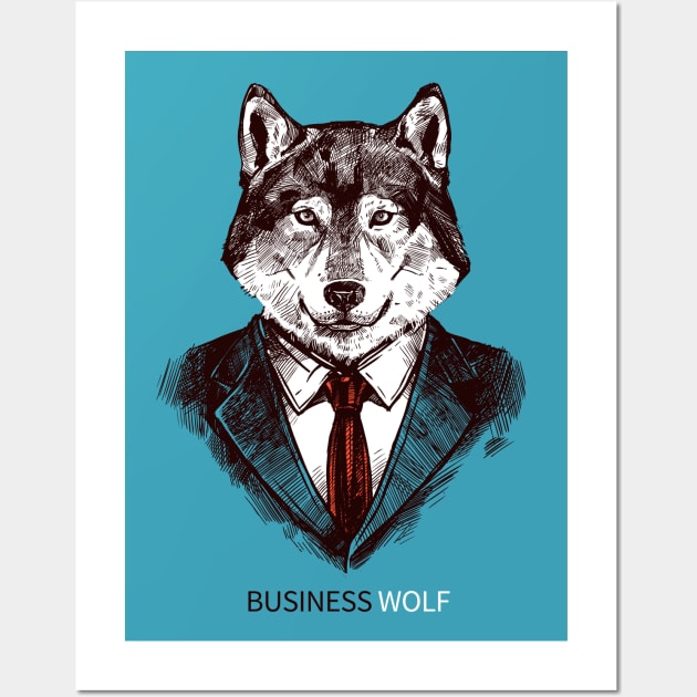 Wall Art Hand drawn Poster of Business Wolf in Suit Portrait on Blue Background Fashion Print On Poster Artwork for Wall Decor Wall Art by arklineart